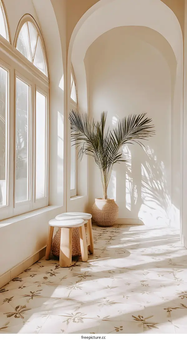Minimalist Interior Design With Palm Plant and Arched Windows