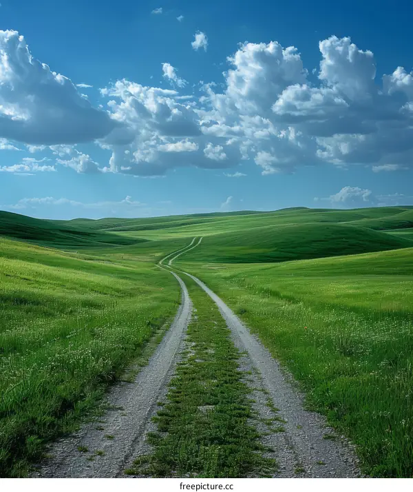 A dirt road winds through a lush green prairie landscape