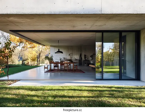 Modern Concrete House with Large Sliding Glass Doors and Outdoor Patio