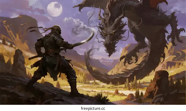A Warrior Facing a Massive Dragon in a Mountainous Landscape
