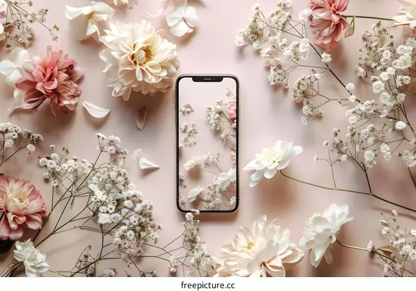 Flowers and Phone on Pink Background