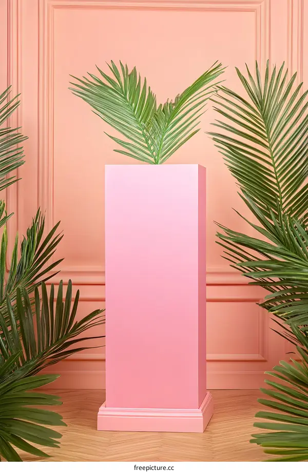 Pink Pedestal with Palm Leaves and a Pink Wall Background