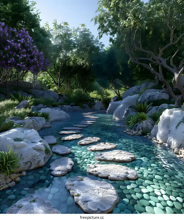 Stepping stones in a tranquil garden with lush foliage