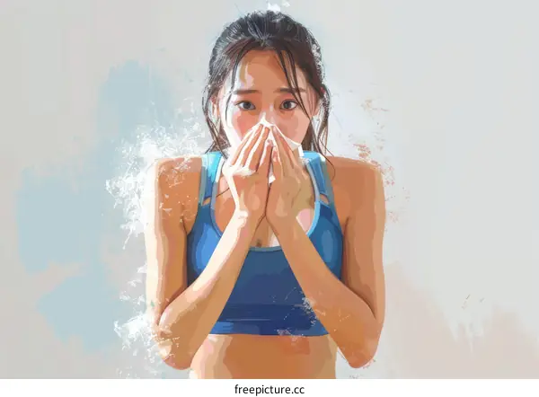 Asian young woman coughing and covering mouth with hand