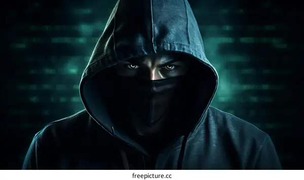 A masked man in a black hoodie with glowing green eyes