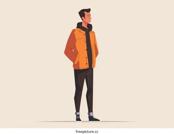 A man in an orange jacket and black pants is standing.