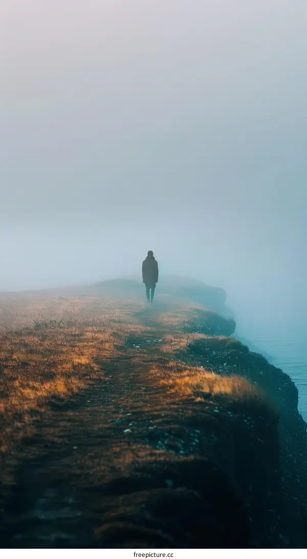 Man walking alone on a cliff overlooking the ocean on a foggy day