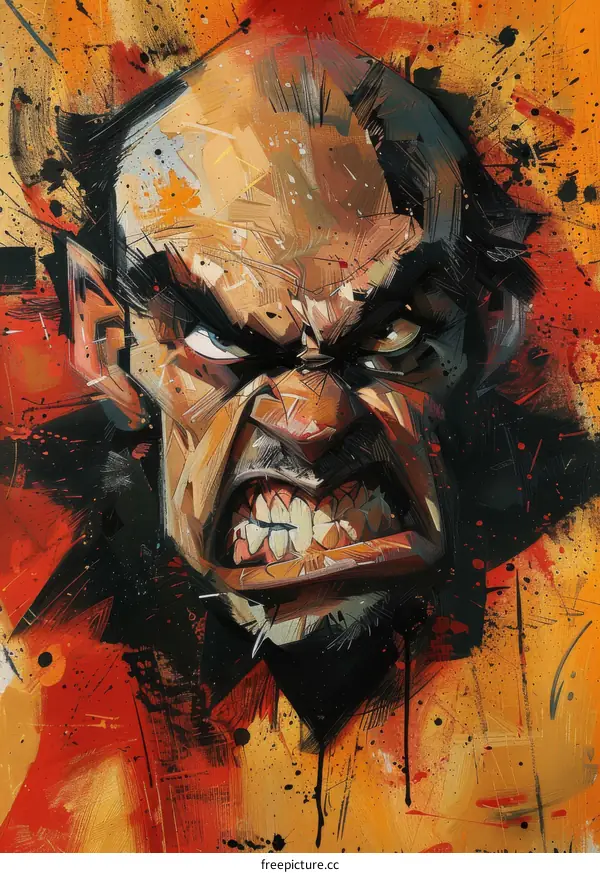 A painting of an angry man with a red background