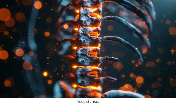 Blue and orange glowing spine with bokeh lights