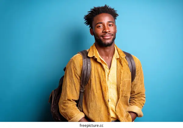 Smiling African Man with a Backpack against a Blue Background
