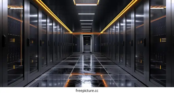 Dark Server Room with Reflective Floor