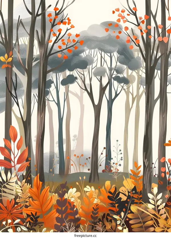 Autumn Forest Illustration With Colorful Leaves And Trees