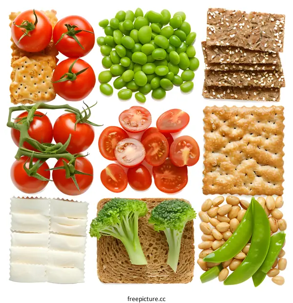 Healthy Food Collage with Tomatoes, Peas, Bread, Broccoli and Crackers