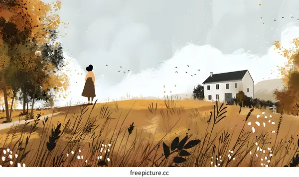 Woman Standing in a Field with a House in the Distance