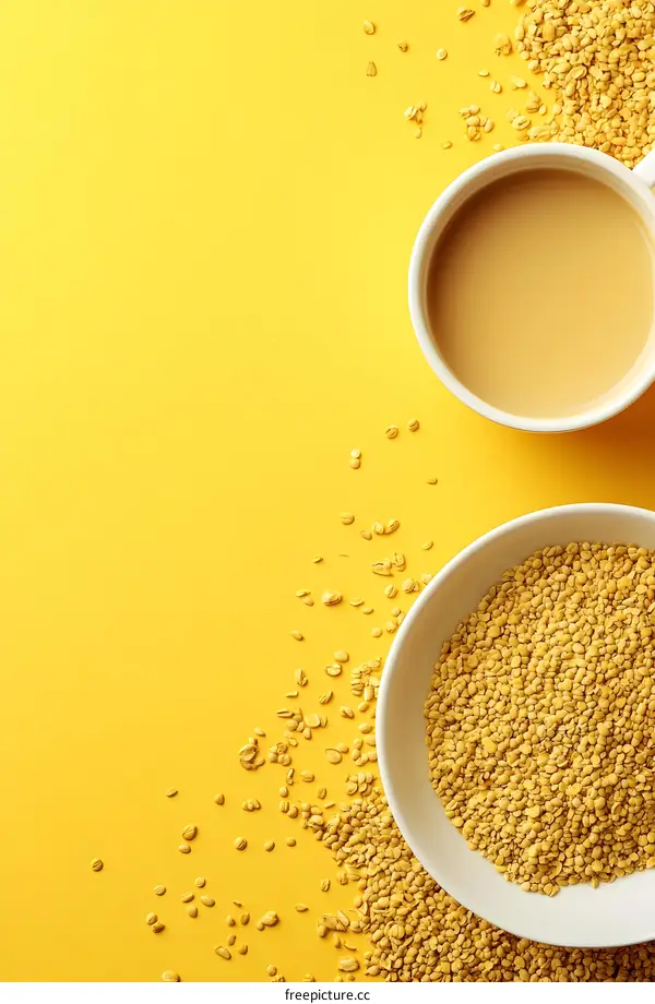 Close Up Top View Of Oat Milk With Oats On Yellow Background