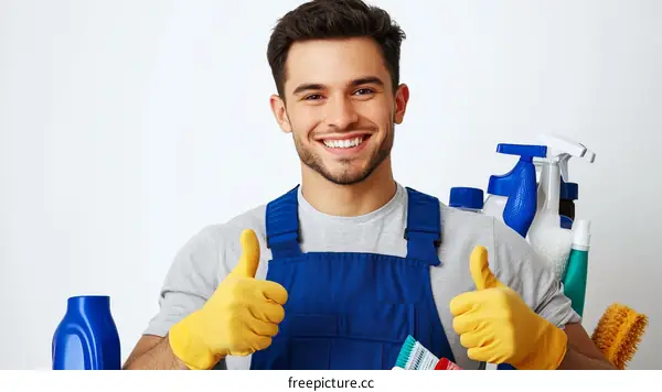Smiling Caucasian Male Cleaning Professional Showing Thumbs Up