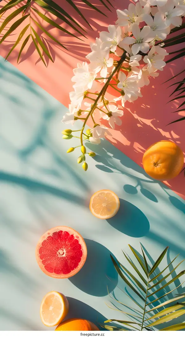 Summer Fruit Still Life with Palm Leaves and White Flowers