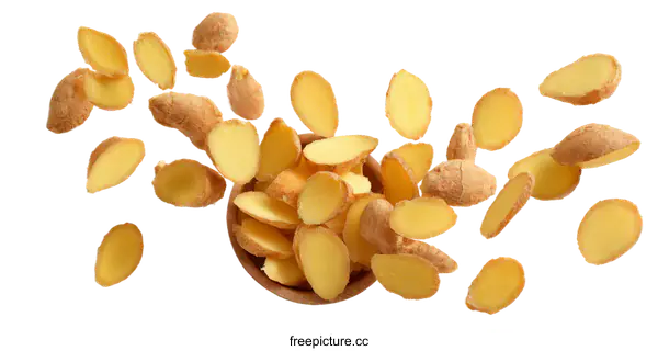 [Transparent Background PNG]Fresh Ginger Slices Falling into a Bowl