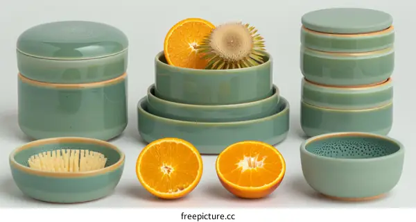 Sage Green Nested Bowls with Orange Fruit Still Life