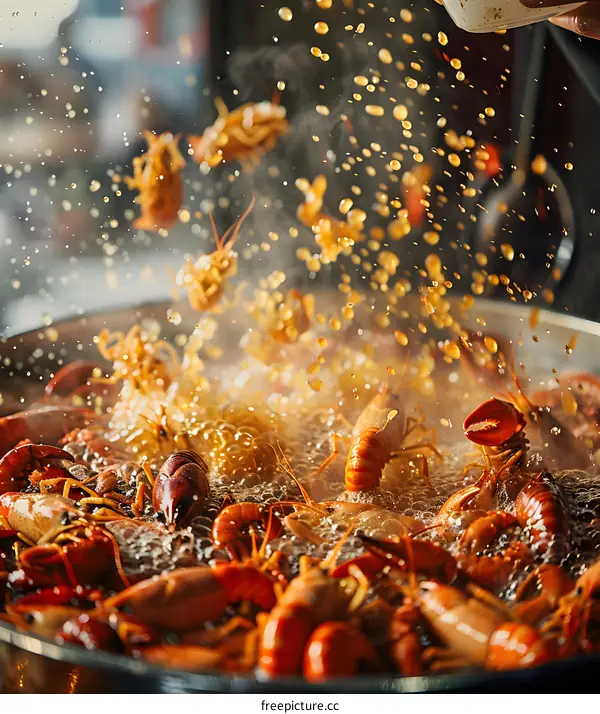A pot of boiling crawfish with spices being added