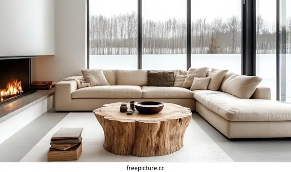 Modern Scandinavian Living Room with Sectional Sofa and Wooden Coffee Table