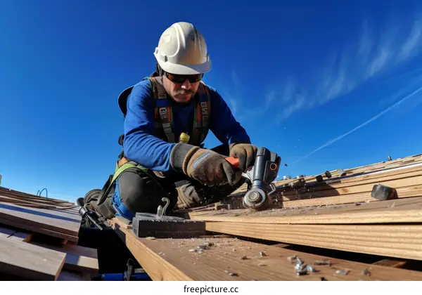 A construction worker wearing a hard hat and safety glasses uses a power tool to cut a piece of wood