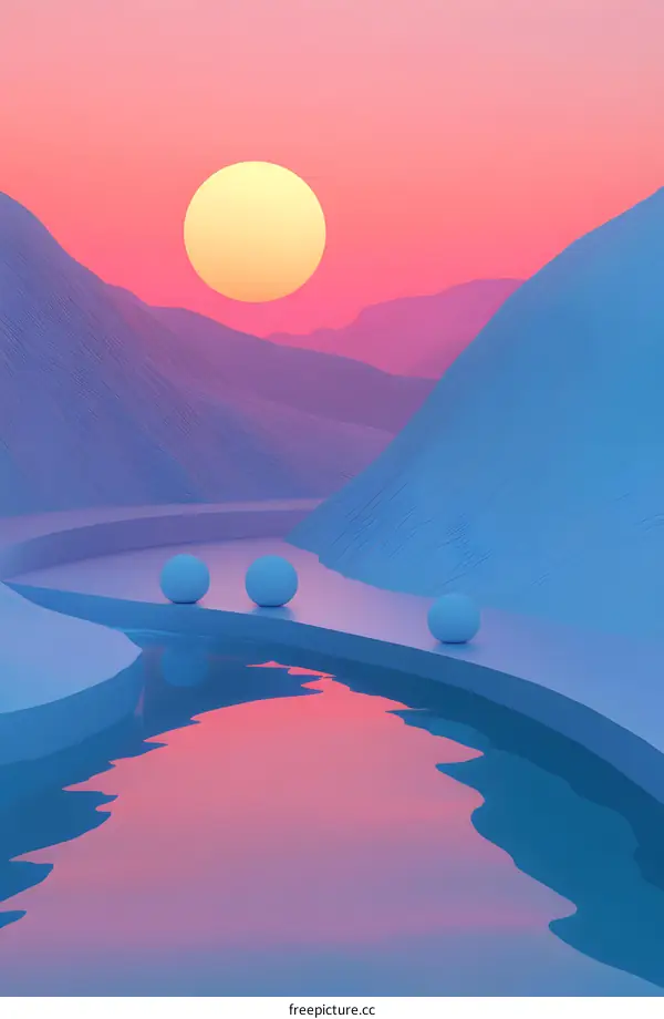 Minimalist 3D Illustration of a Sunset Landscape with Three Spheres
