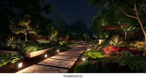 A beautiful garden with a stone path and colorful plants