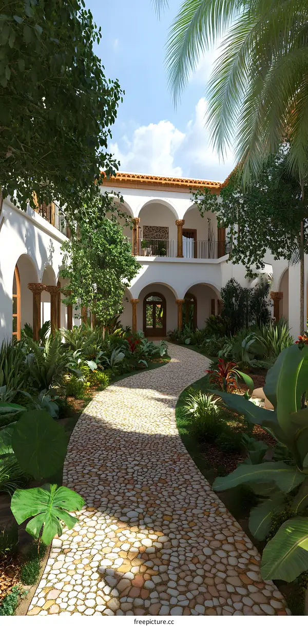 Cobblestone Pathway Leading to a Tropical Garden Courtyard