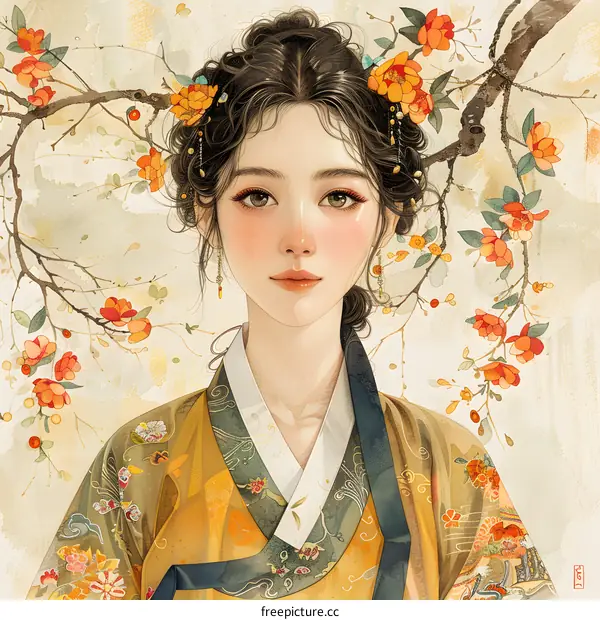 A beautiful Korean woman in traditional dress with a floral background