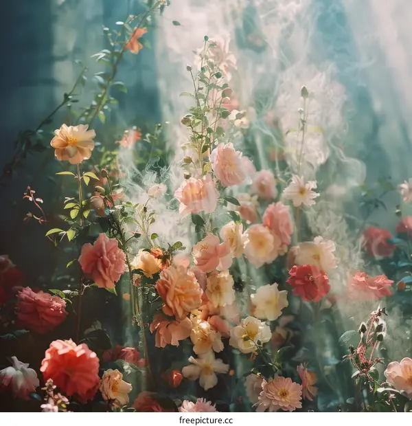 ethereal roses bathed in soft light and mist