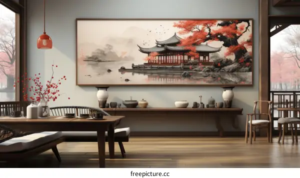Chinese style landscape painting of a pavilion in a lake with red trees