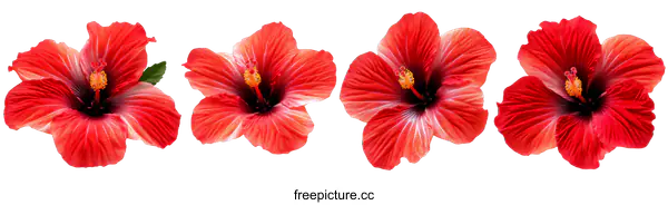 [Transparent Background PNG]Four Vibrant Red Hibiscus Flowers Isolated on White Background