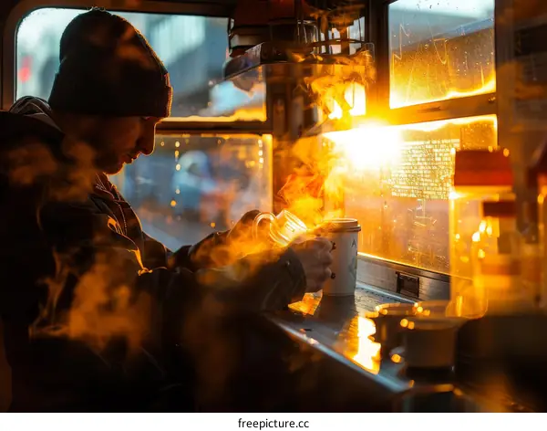 Man in a beanie making coffee in a camper van