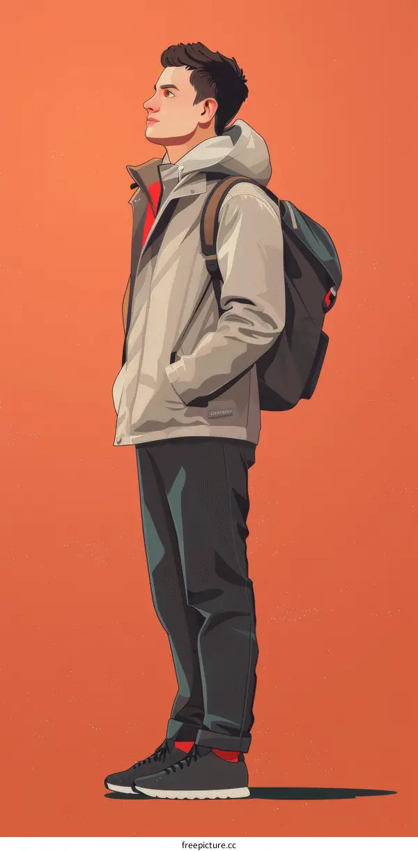 A young man wearing a jacket and a backpack is standing.