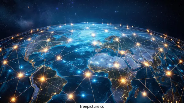 Earth from space showing the lights of cities and a network of connections