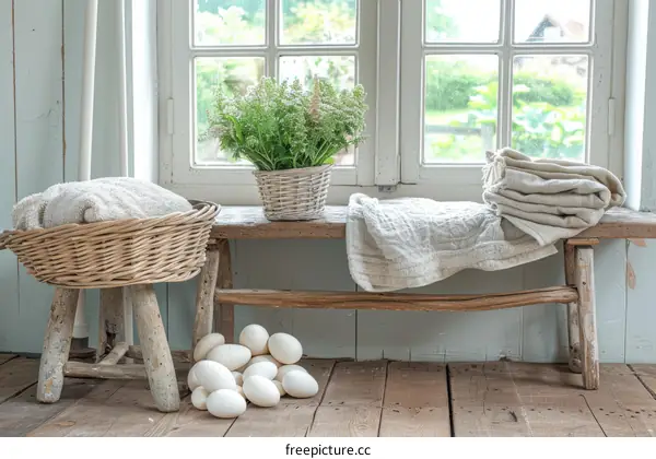 Rustic Basket of Flowers on Bench with Eggs on Floor