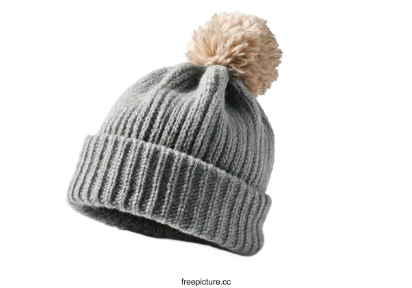 [Transparent Background PNG]Grey Knitted Beanie with Pom-Pom