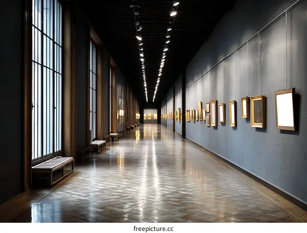 Empty Gallery Corridor with Artwork Display