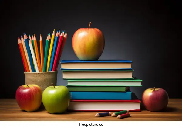 A stack of books with apples and pencils