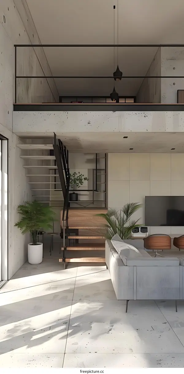 Modern Open Concept Loft Living Room with Concrete Walls and Wood Flooring