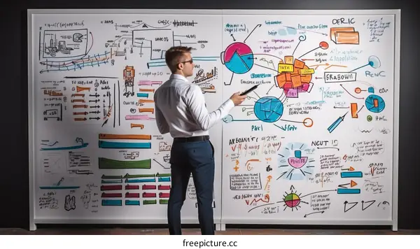Businessman in suit standing with marker near whiteboard with business strategy plan