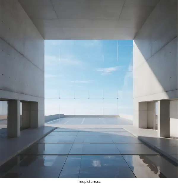 Minimalist Concrete Building with Glass Facade and Reflective Floor