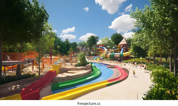 Water Park With Colorful Slides and Lush Greenery