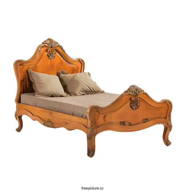 [Transparent Background PNG]Wooden Bed Frame with Carved Details