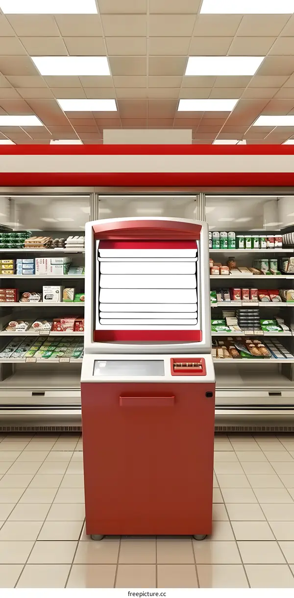 Red ATM Machine in Convenience Store Interior