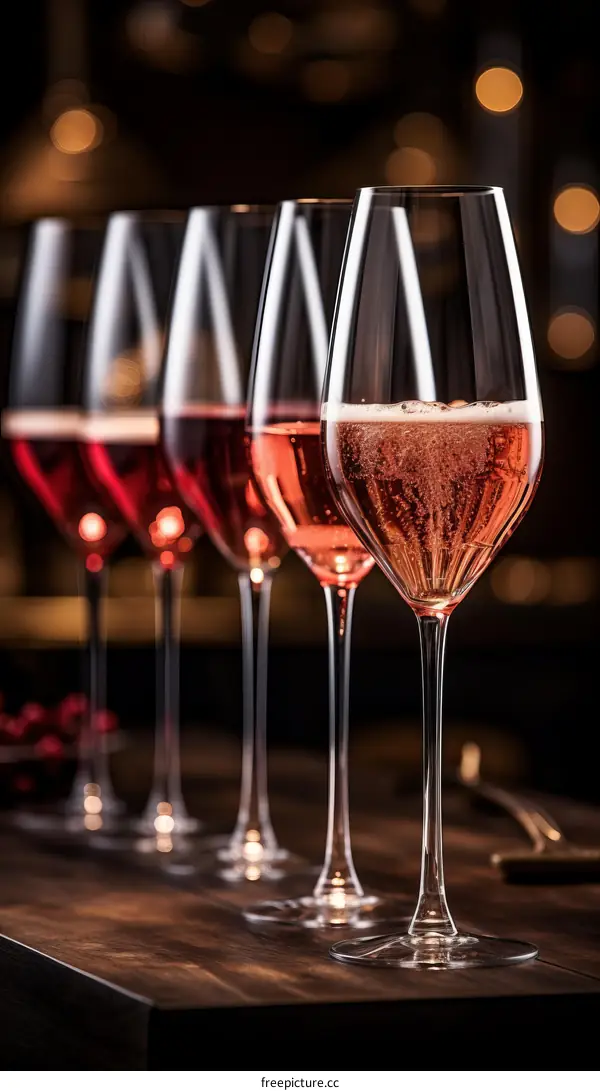 Four champagne glasses with rose champagne on a wooden table