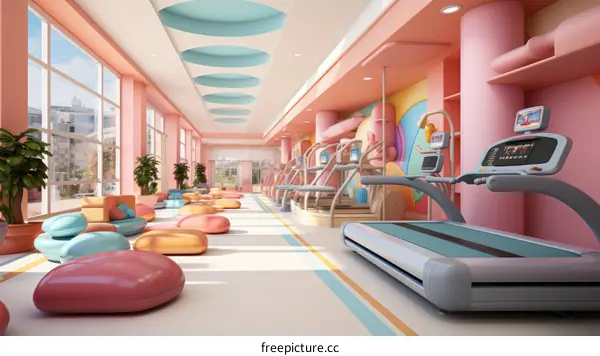 A colorful and modern fitness center with pink walls and blue accents
