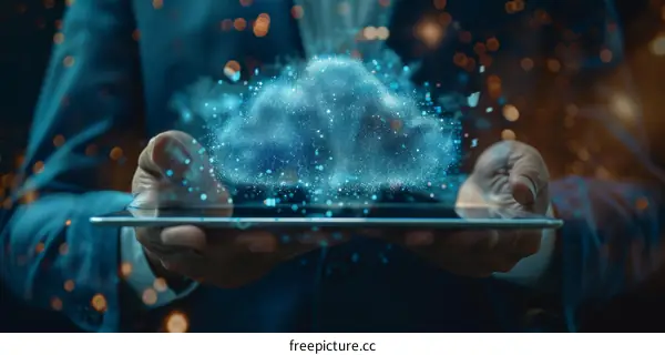 Businessman using a tablet with a glowing cloud icon over his hands