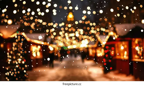 Winter Christmas Market Night Lights Snowfall